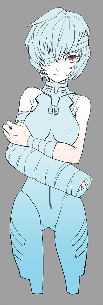 wada arco, ayanami rei, neon genesis evangelion, long image, tall image, bandage over one eye, bandages, blue hair, eyepatch, mecha pilot suit, pale skin, plugsuit (evangelion), red eyes, short hair, solo