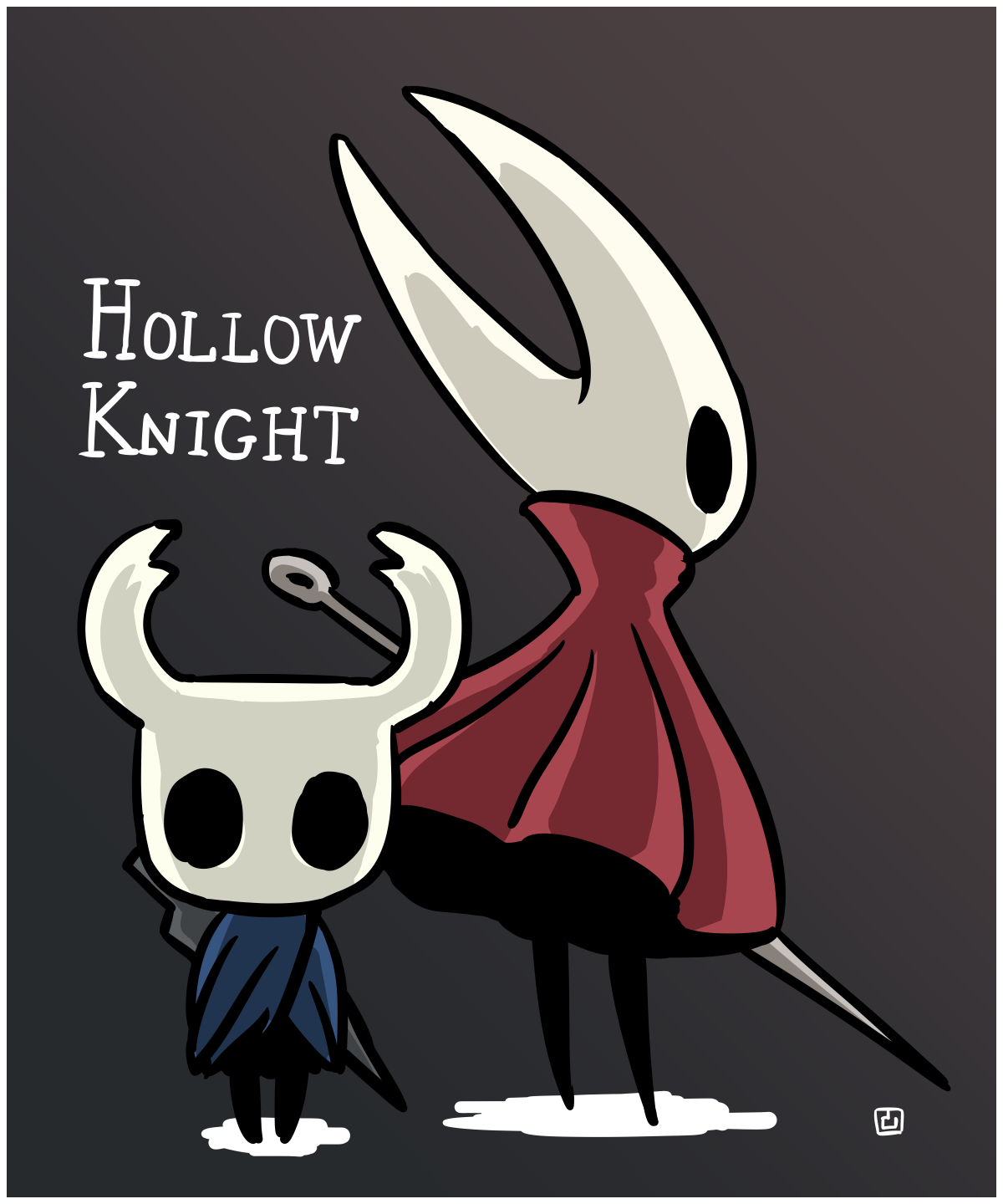 muu (mumumer), hollow knight, character request, commentary request, highres, brown background, copyright name, gradient background, grey background, looking at viewer, profile, standing, weapon