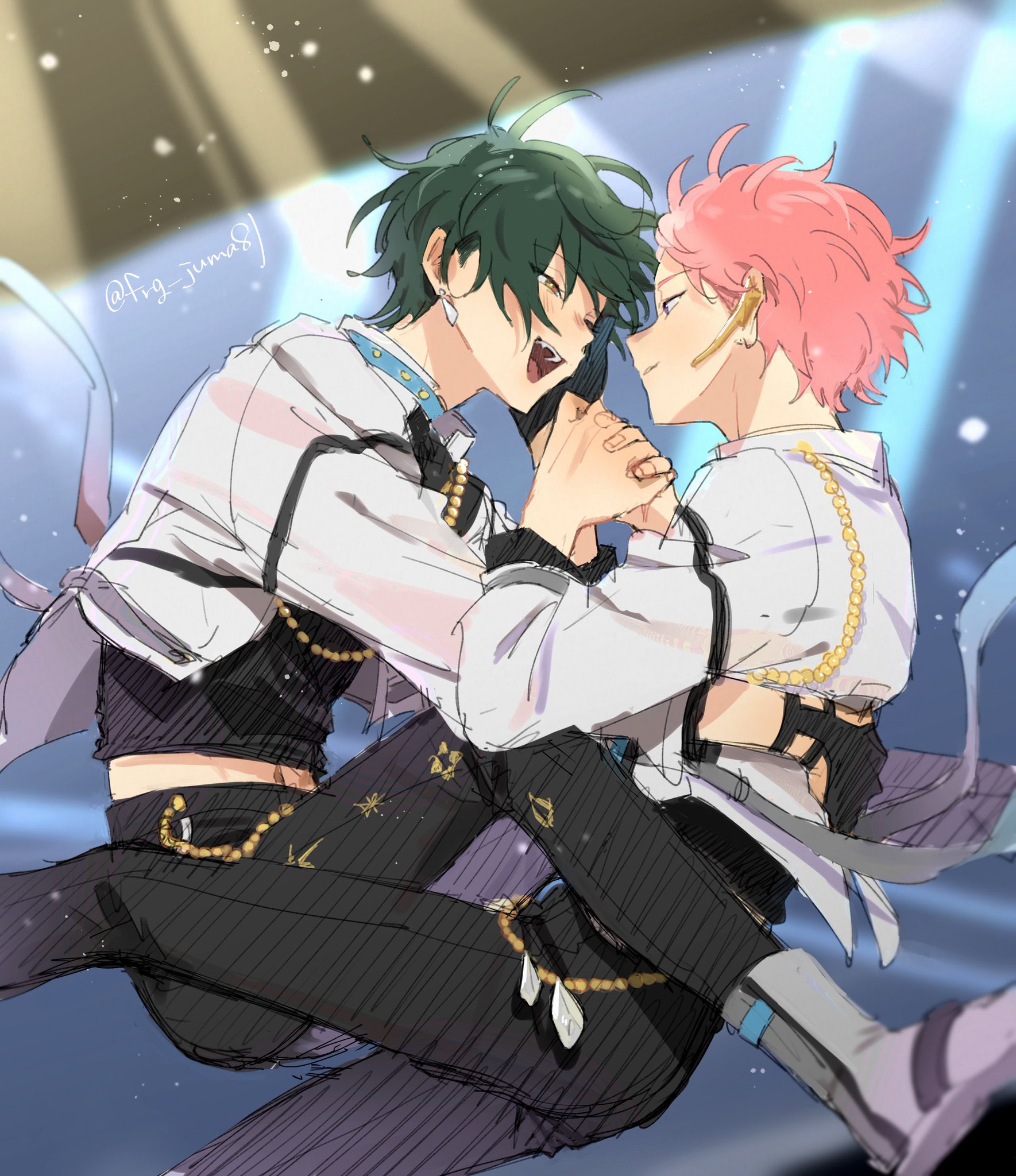 juma (wolf81gizinka), itsuki shu, kagehira mika, ensemble stars!, highres, 2boys, black gloves, black pants, eye contact, fingernails, gloves, green hair, headset, interlocked fingers, jacket, looking at another, looking at viewer, male focus, midriff, multiple boys, official alternate costume, open mouth, pants, pink hair, short hair, smile, teeth, twitter username, upper teeth only, valkyrie (ensemble stars!)