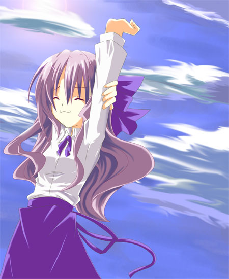 miwa maku, 1girl, :3, ^ ^, arm up, arms up, blouse, blue sky, blush, brown hair, closed eyes, cloud, cowboy shot, day, female focus, long hair, long sleeves, purple skirt, shirt, skirt, sky, solo, stretching, sweater, very long hair, wavy hair
