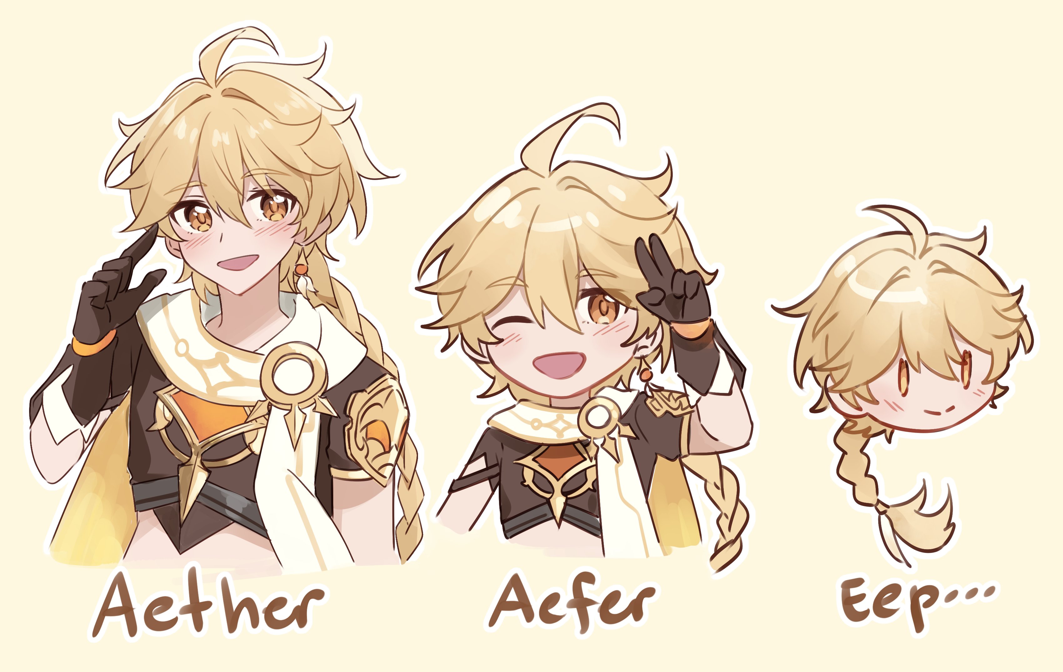 kyoukouo, aether (genshin impact), genshin impact, absurdres, commentary, english commentary, highres, 1boy, :d, ahoge, blonde hair, braid, brown gloves, character name, comparison, disembodied head, earrings, gloves, hair between eyes, hand up, how much can i simplify, jewelry, long hair, looking at viewer, male focus, multiple views, one eye closed, open mouth, outline, scarf, simple background, single braid, single earring, smile, waving, white outline, white scarf, yellow background, yellow eyes