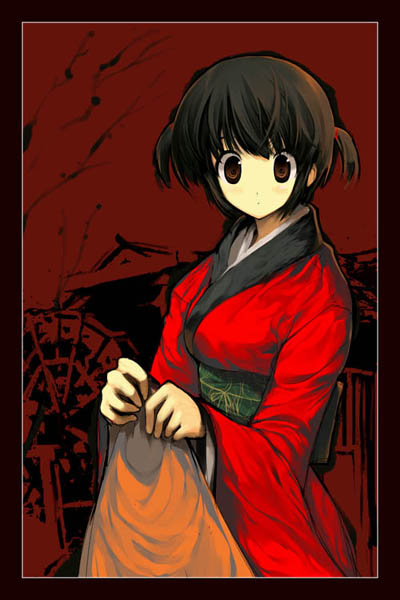yaegashi nan, original, 1girl, border, brown eyes, brown hair, cowboy shot, female focus, japanese clothes, kimono, long sleeves, looking at viewer, red background, sash, simple background, solo, underbust, wide sleeves