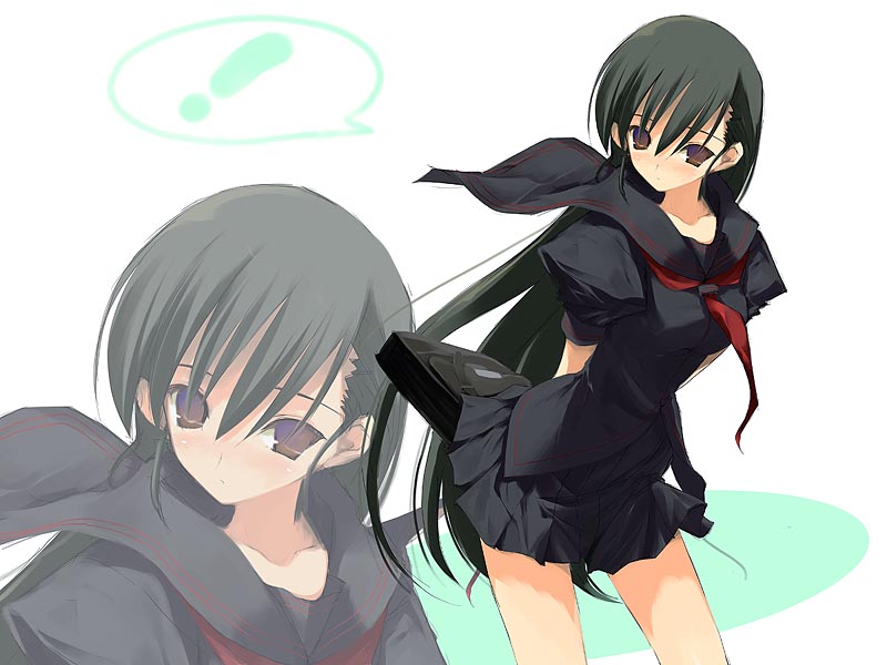 yaegashi nan, original, 1girl, black serafuku, black skirt, blush, cowboy shot, female focus, leaning forward, long sleeves, necktie, pleated skirt, purple eyes, red necktie, school uniform, serafuku, simple background, skirt, solo, white background, zoom layer