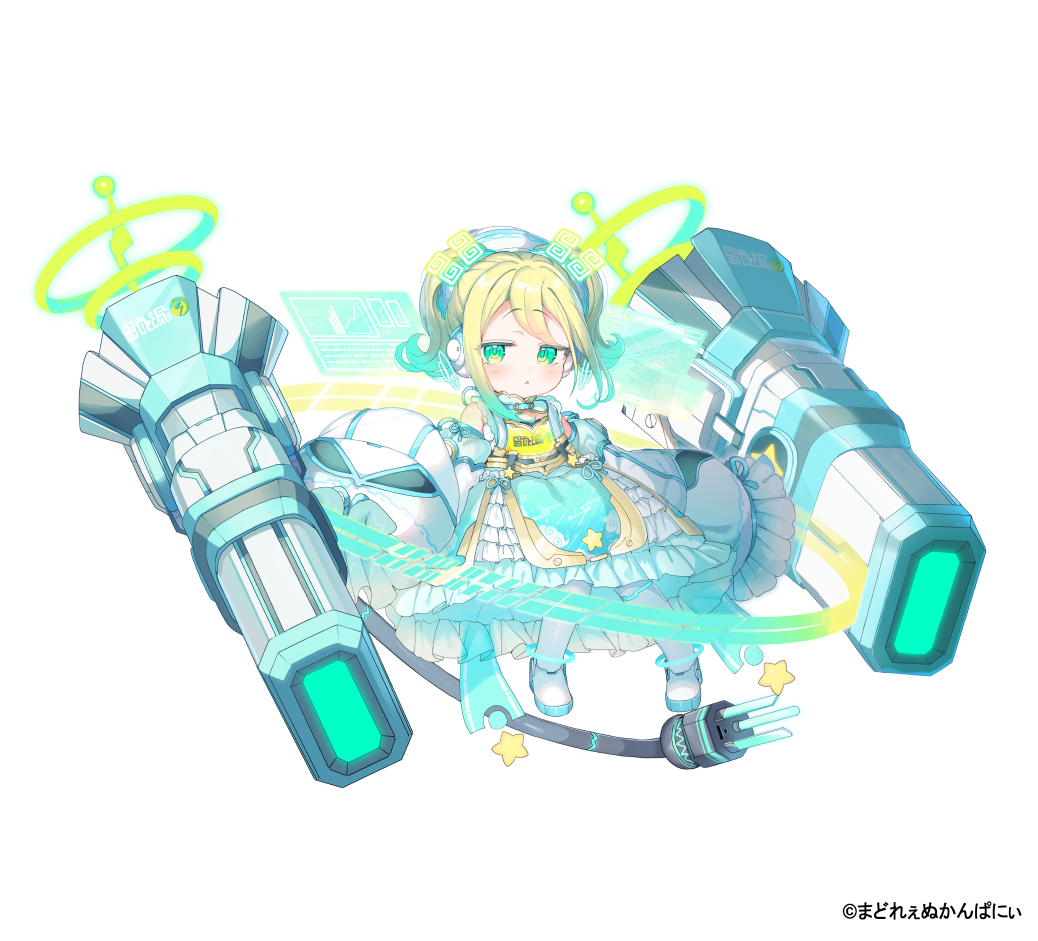 yinpa (wanone500511), lily ange, character request, commentary request, official art, 1girl, blonde hair, blue dress, blue hair, cable, cable tail, detached sleeves, dress, frilled dress, frilled sleeves, frills, glowing, gradient hair, green eyes, holographic interface, long sleeves, looking at viewer, mechanical tail, multicolored hair, pantyhose, parted lips, shoes, simple background, sleeves past fingers, sleeves past wrists, solo, tail, white background, white pantyhose, white shoes
