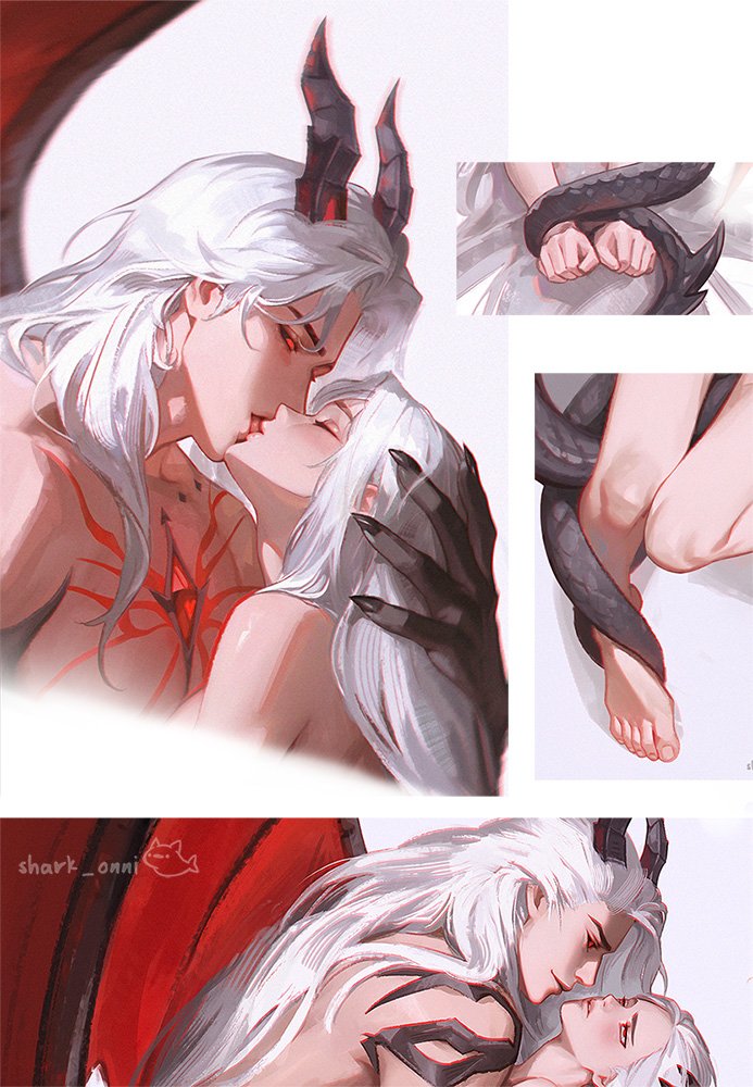 shark onni, protagonist (love and deepspace), sylus (love and deepspace), love and deepspace, paid reward available, 1boy, 1girl, artist name, black sclera, bound, bound wrists, colored sclera, couple, dragon boy, dragon claw, dragon horn, dragon tail, dragon wings, french kiss, from side, hand on another's head, hetero, holding, holding with tail, kiss, long hair, nude, prehensile tail, red eyes, simple background, straight hair, tail, tail wrap, tongue, white background, white hair, wings