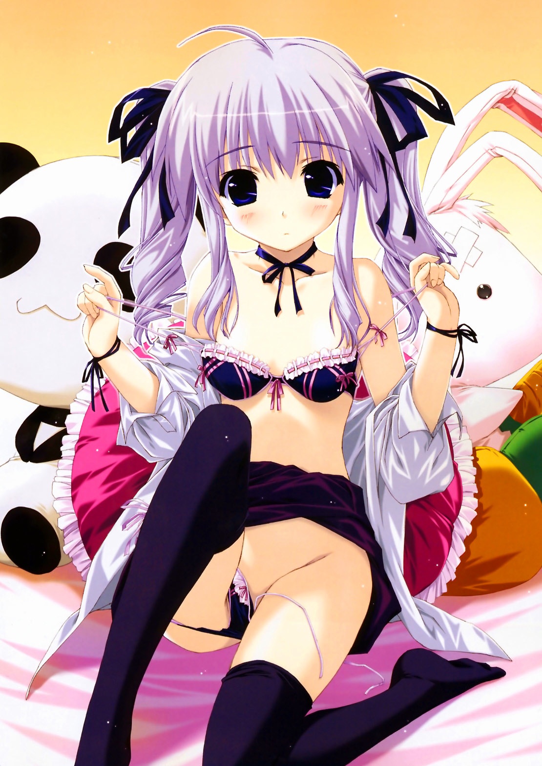 shintarou, shingyouji mao, boy meets girl, dengeki moeoh, highres, non-web source, 1girl, ahoge, black bra, black panties, black thighhighs, blue eyes, blush, bow, bow bra, bow panties, bra, breasts, choker, clothes lift, doll, female focus, hair ribbon, lingerie, long hair, panties, panties around leg, panty pull, purple hair, ribbon, ribbon-trimmed bra, ribbon choker, ribbon trim, side-tie panties, skirt, skirt lift, small breasts, solo, strap pull, stuffed animal, stuffed panda, stuffed rabbit, stuffed toy, thighhighs, twintails, two side up, underwear, undressing, untied panties