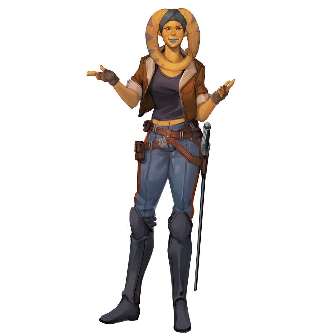 will nunes, twi'lek, star wars, 1girl, alien, black boots, black shirt, blue lips, blue pants, boots, brown gloves, brown jacket, colored skin, fingerless gloves, full body, gloves, jacket, lekku (anatomy), midriff, navel, open clothes, open jacket, pants, shirt, simple background, solo, white background, yellow skin