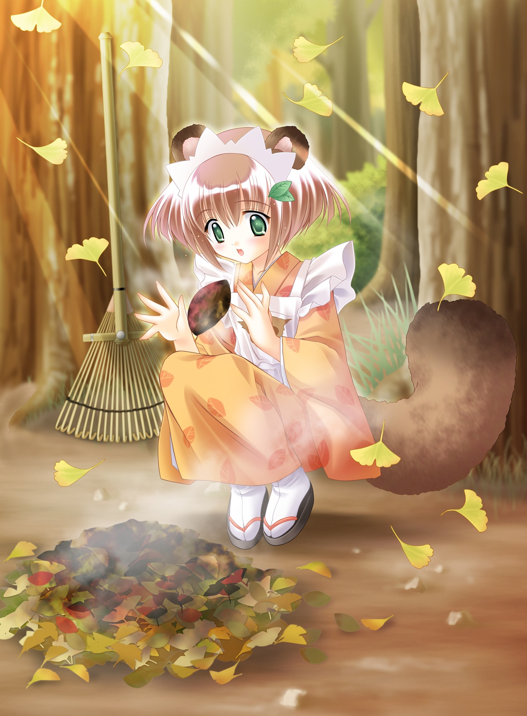 louis&visee, min (tail tale), tail tale, absurdres, highres, 1girl, animal ears, apron, blush, brown hair, female focus, green eyes, leaf, nature, raccoon ears, raccoon tail, rake, sandals, short hair, socks, solo, squirrel, tail, tanuki