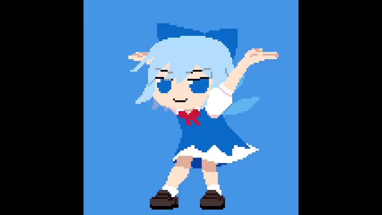 avolicis, cirno, touhou, animated, tagme, video, >:), 1girl, :3, black shoes, blue background, blue dress, blue eyes, blue hair, blue ribbon, cirno day, closed eyes, closed mouth, dancing, dancing arona (meme), dress, eyebrows hidden by hair, fairy, fairy wings, hair ribbon, ice, ice wings, looking to the side, neck ribbon, pixel art, red ribbon, ribbon, shoes, short hair, simple background, smile, socks, solo, white socks, wings