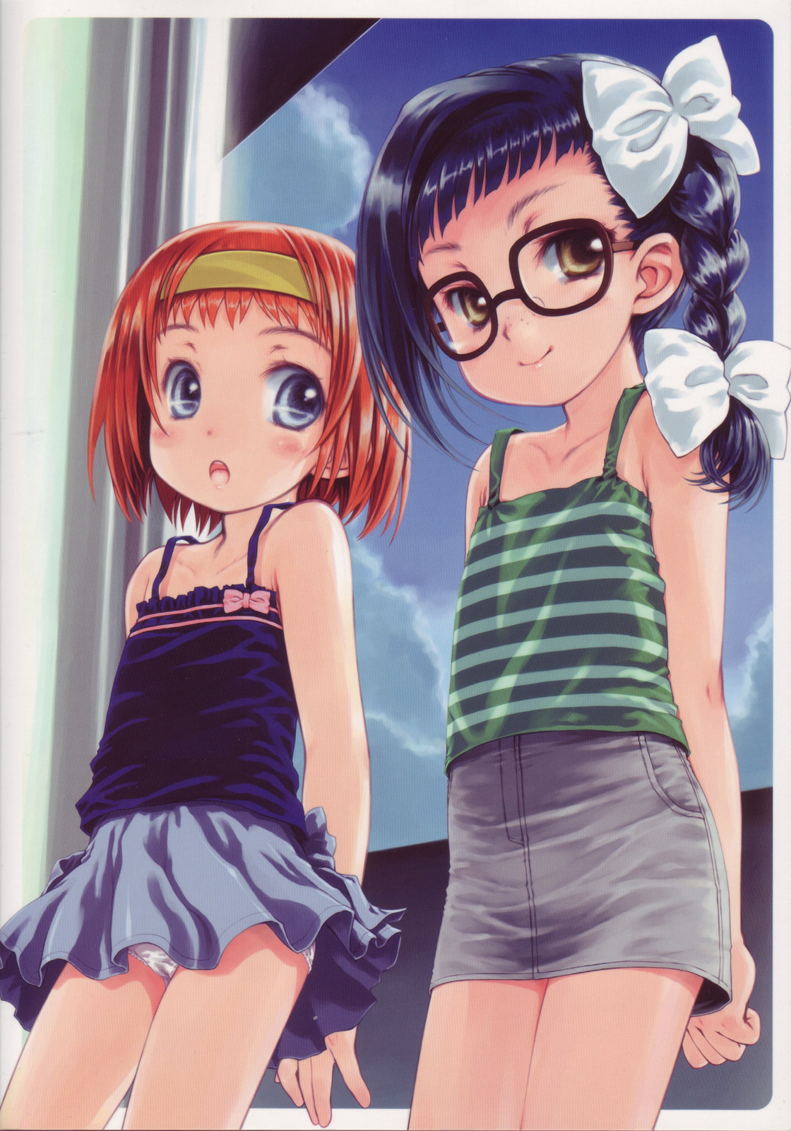 focke wulf, iokawa karada, nogami shouko, asatte no houkou, highres, 00s, 2girls, :o, black hair, blue eyes, braid, camisole, denim, denim skirt, flat chest, freckles, glasses, hair ribbon, hairband, jeans skirt, loli, multiple girls, open mouth, panties, pantyshot, pencil skirt, red hair, ribbon, short hair, single braid, skirt, smile, underwear, white panties, yellow eyes