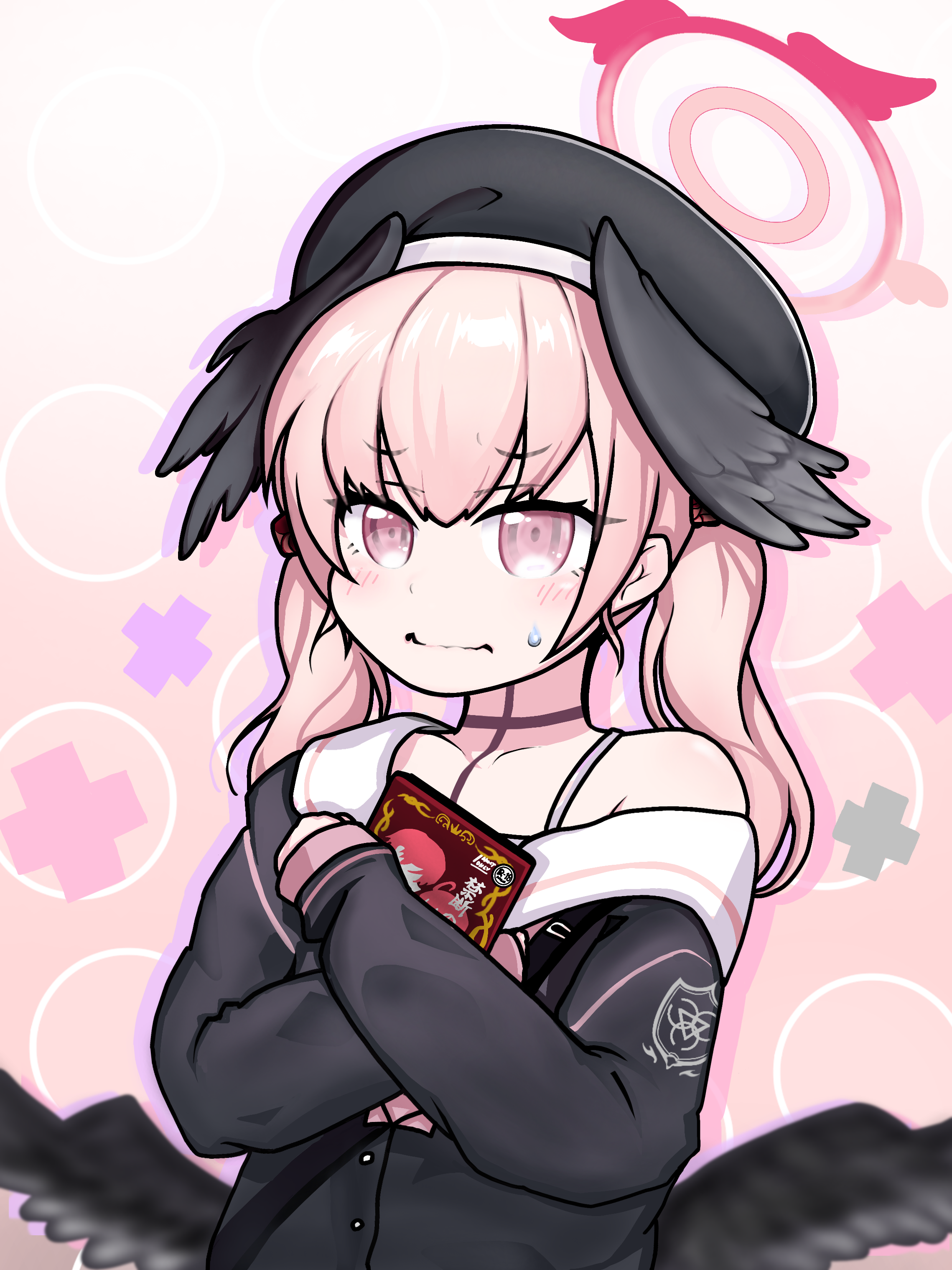 tomimon, koharu (blue archive), blue archive, absurdres, commentary request, highres, 1girl, beret, black hat, black shirt, black wings, blush, closed mouth, collarbone, feathered wings, gradient background, halo, hat, head wings, hugging object, long hair, long sleeves, off shoulder, pink background, pink eyes, pink hair, puffy long sleeves, puffy sleeves, sailor collar, school uniform, serafuku, shirt, sleeves past wrists, small sweatdrop, solo, sweat, twintails, upper body, white sailor collar, wings