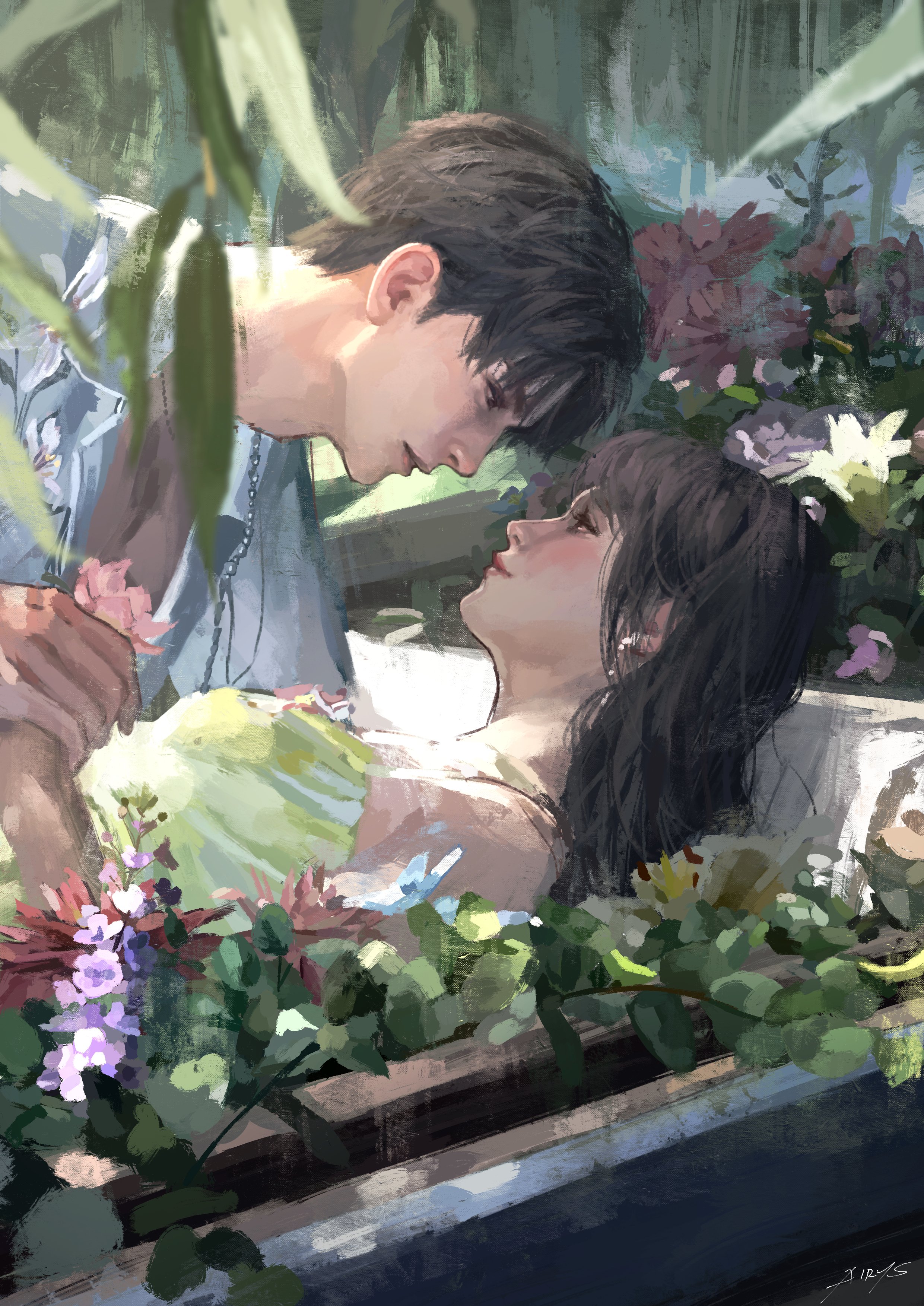 caleb (love and deepspace), protagonist (love and deepspace), love and deepspace, absurdres, highres, 1boy, 1girl, airys ooo, black hair, blue flower, blush, closed mouth, couple, dress, earrings, eye contact, flower, green dress, hetero, holding hands, imminent kiss, jewelry, looking at another, outdoors, painterly, parted lips, pink flower, pink lips, red flower, red lips, shirt, short hair, white flower, white shirt