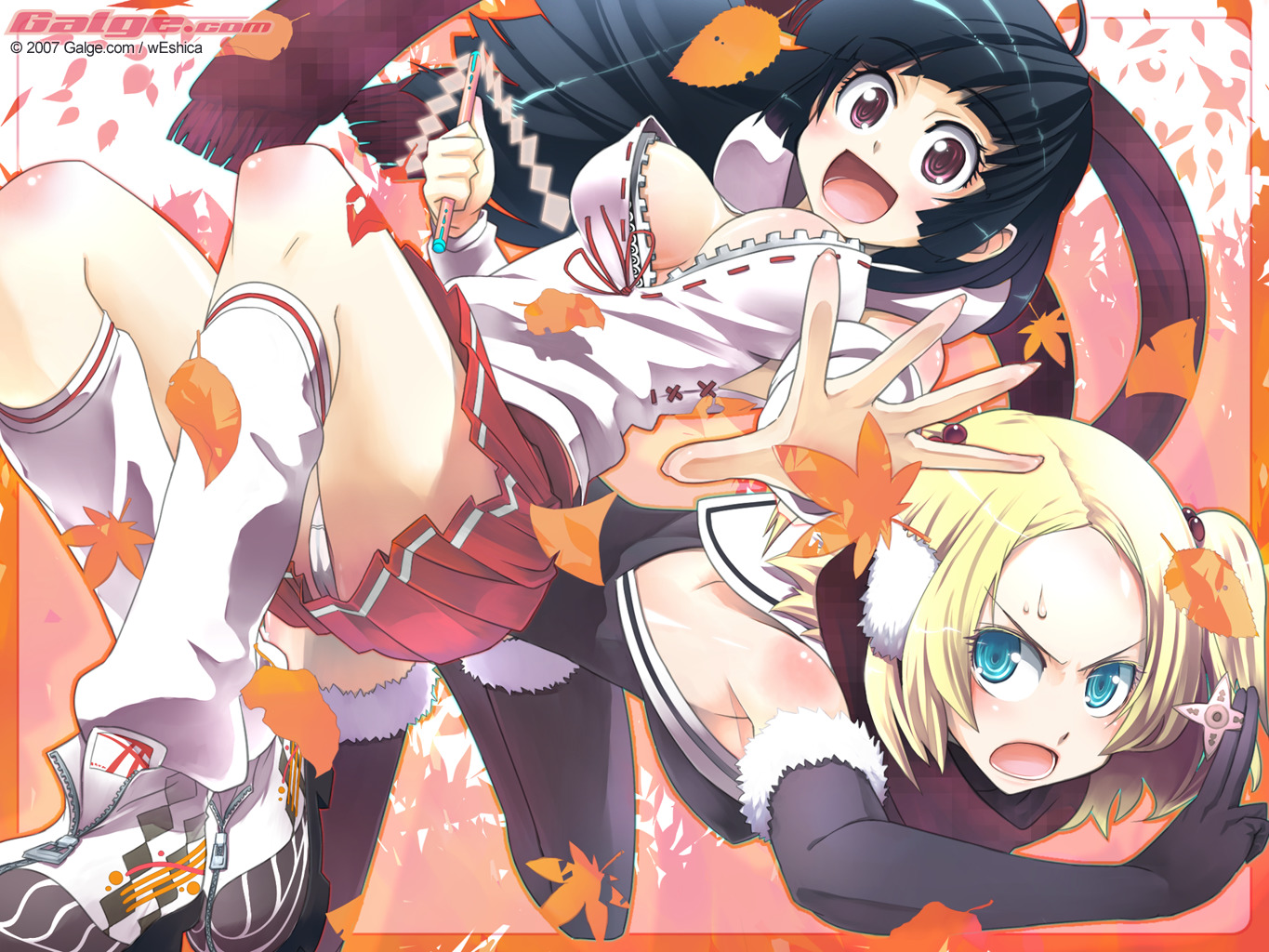 weshica, galge.com, 2007, 2girls, elbow gloves, gloves, multiple girls, panties, pantyshot, thighhighs, underwear