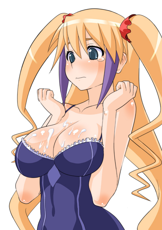 norakuro nero, jacqueline baumgold, dragonaut, 00s, 1girl, blonde hair, breasts, cleavage, cum, cum on body, cum on breasts, cum on upper body, female focus, green eyes, huge breasts, long hair, ribbon, solo, tears, twintails