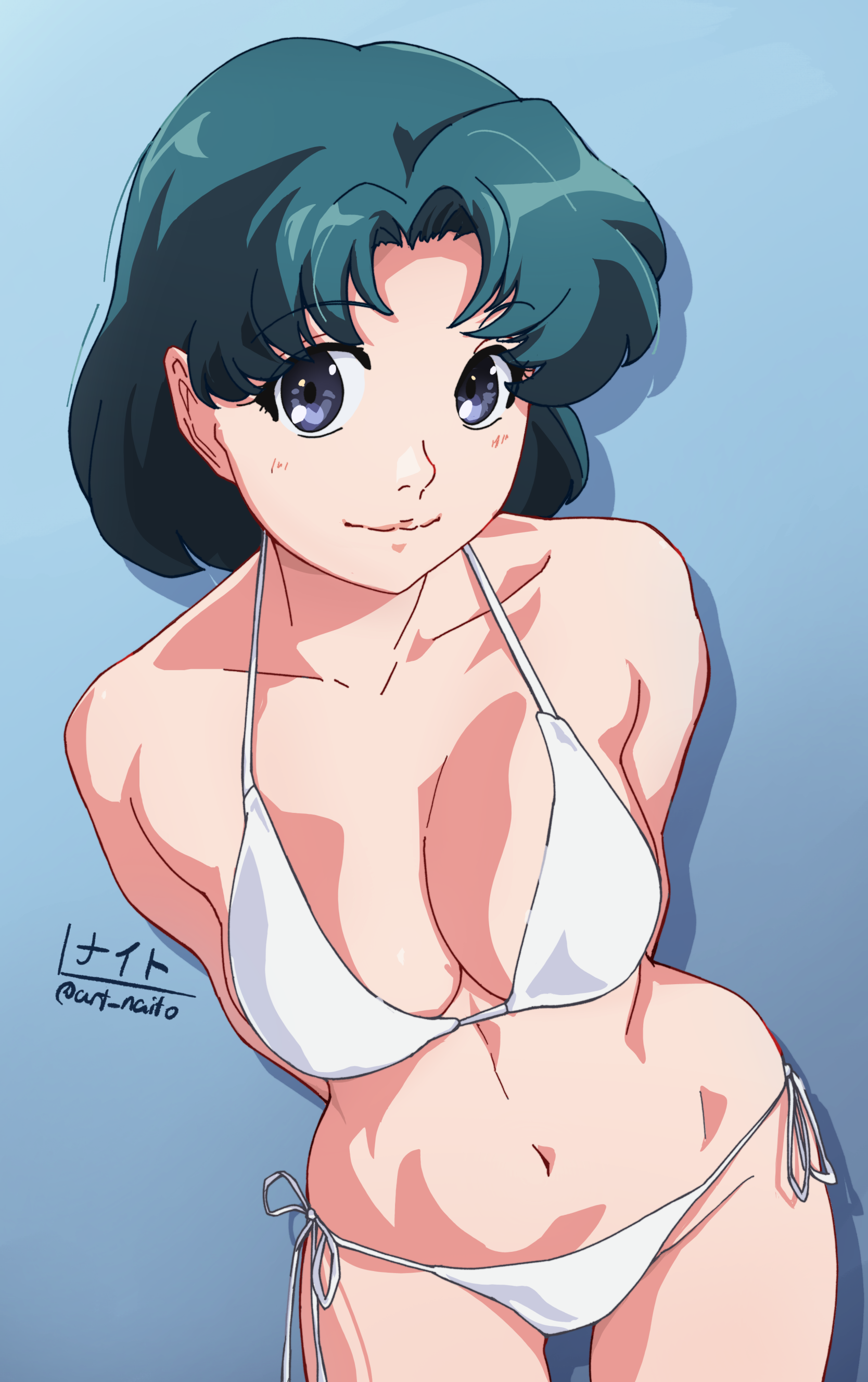 nightstark, mizuno ami, bishoujo senshi sailor moon, absurdres, highres, 1girl, bikini, blue eyes, blue hair, breasts, cleavage, collarbone, groin, lips, looking at viewer, medium breasts, midriff, navel, nipples, short hair, smile, solo, swimsuit, white bikini