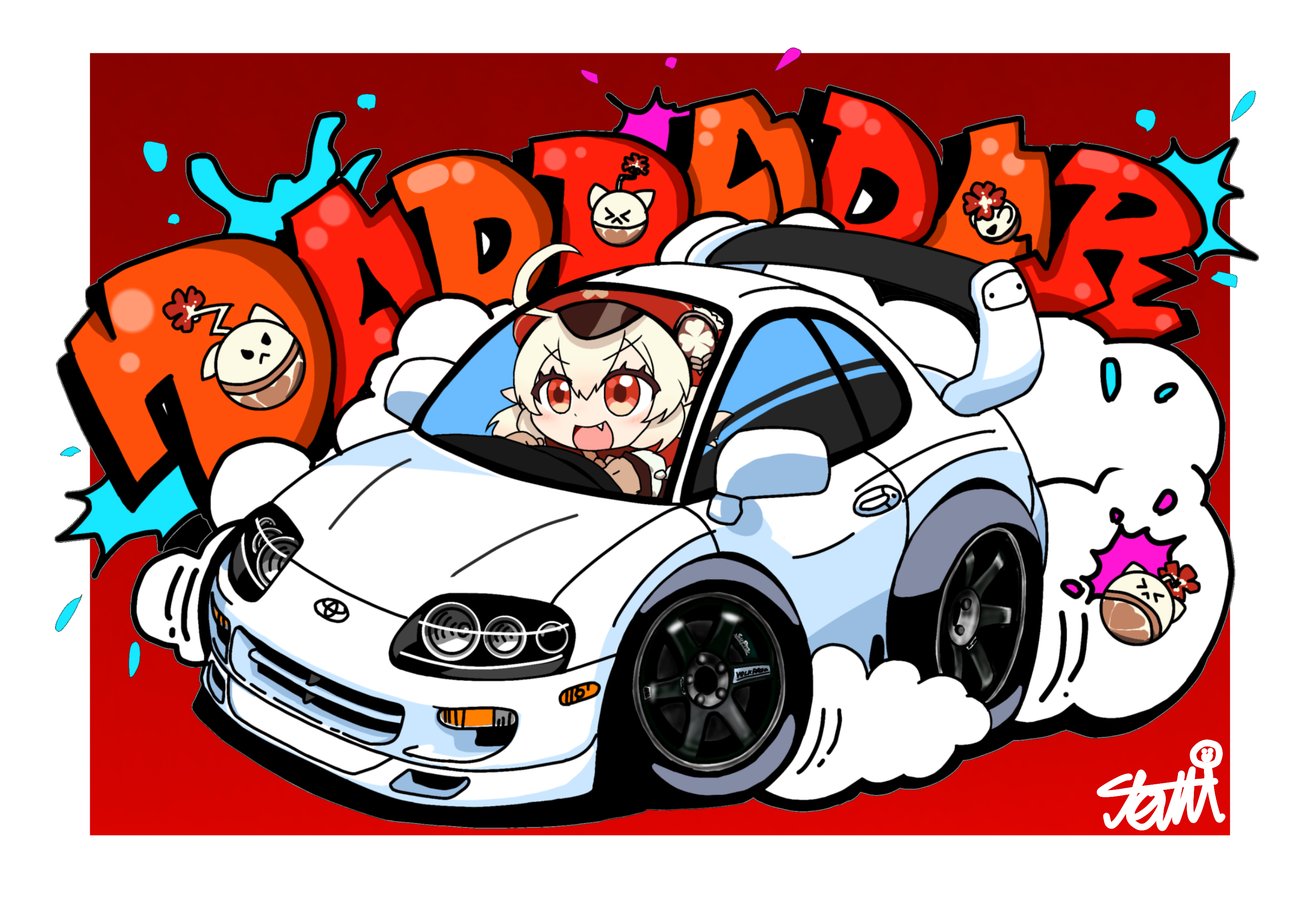 tomimon, jumpy dumpty, klee (genshin impact), genshin impact, toyota supra, commentary request, highres, 1girl, :d, ahoge, border, brown gloves, brown hair, car, dress, fang, gloves, hair between eyes, hat, long sleeves, motor vehicle, newsboy cap, open mouth, pointy ears, red background, red dress, red eyes, red hat, signature, smile, solo, twintails, white border