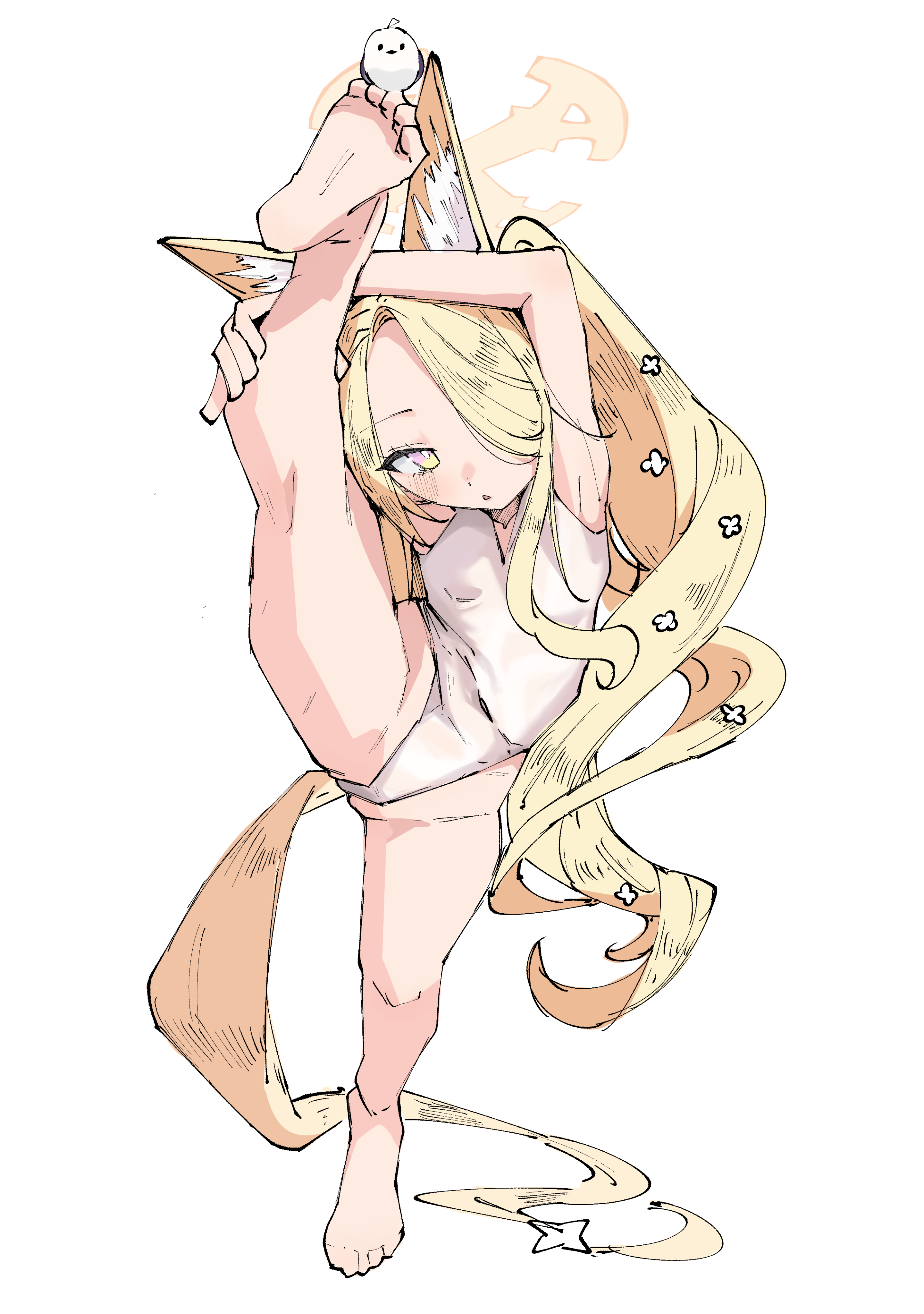 showtime775, seia (blue archive), seia (swimsuit) (blue archive), blue archive, absurdres, highres, 1girl, animal ears, bird, blonde hair, breasts, fox ears, halo, long hair, red ribbon, ribbon, simple background, small breasts, solo, split, standing, standing on one leg, standing split, swimsuit, tail, very long hair, yellow eyes, yellow halo