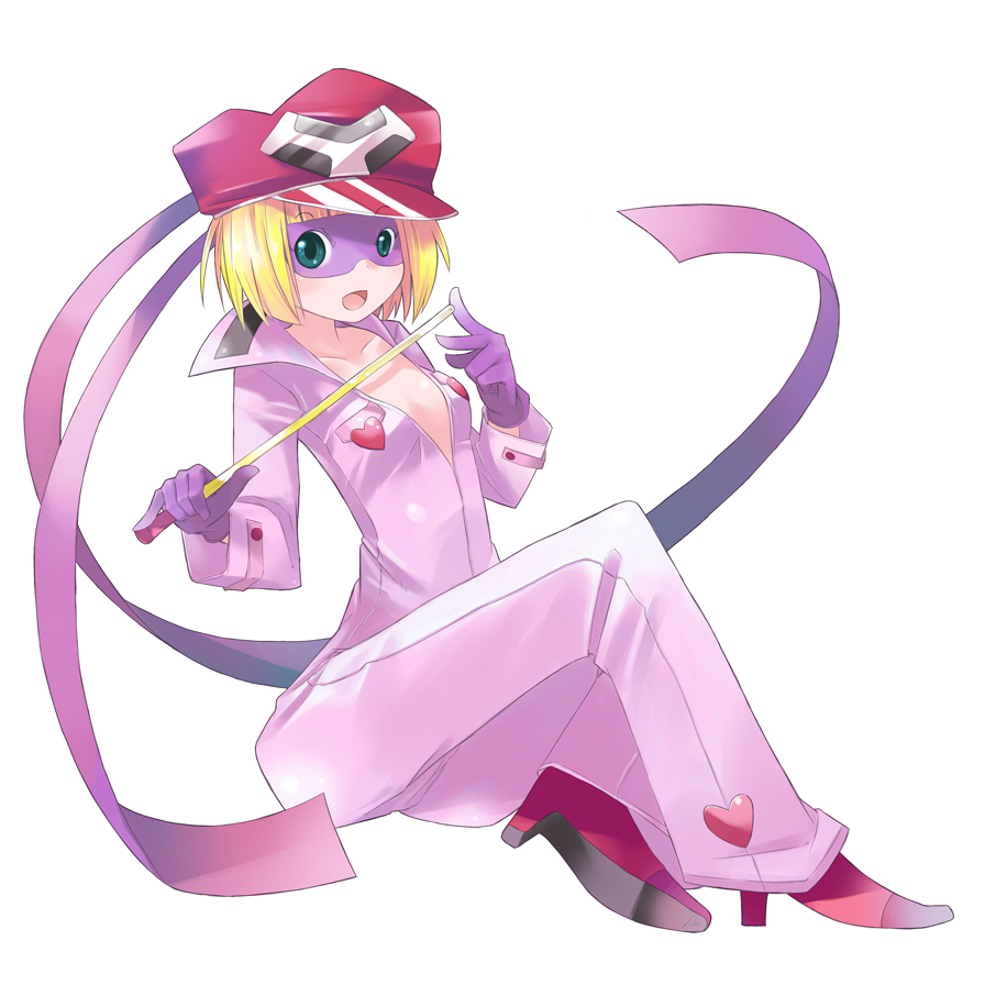 shiba yuusuke, ai-chan, kaminari ai, original, tatsunoko production, time bokan (series), yatterman, 1girl, :d, baseball cap, bodysuit, breasts, cleavage, collarbone, domino mask, female focus, gloves, hat, high heels, holding, looking at viewer, mask, medium breasts, open mouth, purple gloves, simple background, sitting, smile, solo, stick, white background
