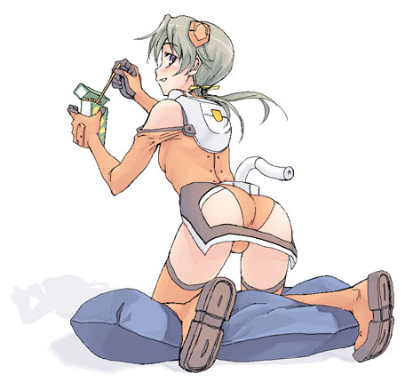 satou atsuki, sonomiya karen, sky girls, pilot suit, silver hair, lowres, 00s, 1girl, ass, bare shoulders, blush, boots, breasts, elbow gloves, female focus, food, from behind, full body, gloves, hair ribbon, halterneck, headgear, holding, kneeling, leaning forward, leotard, looking at viewer, looking back, low twintails, mecha pilot suit, motion slit, motionslit, orange boots, orange gloves, orange thighhighs, pillow, pocky, profile, purple eyes, ribbon, shadow, simple background, small breasts, smile, solo, thigh boots, thighhighs, turtleneck, twintails, white background