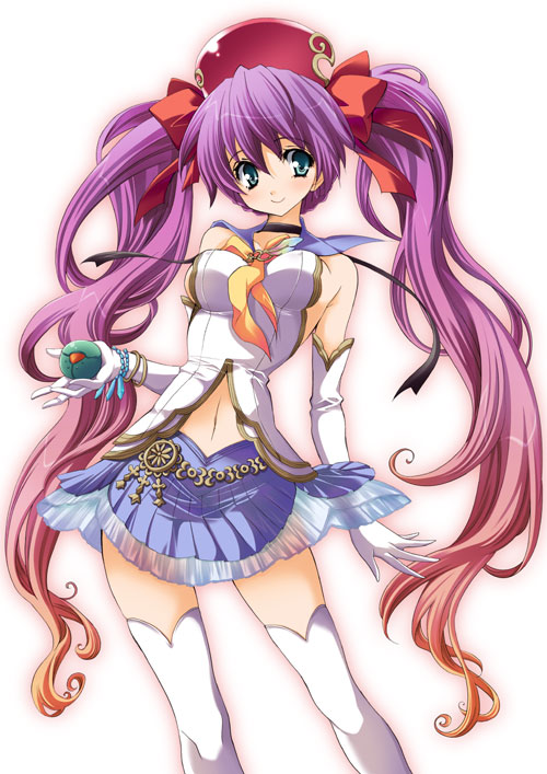 yukiwo, reco, cave (developer), mushihime-sama, mushihime-sama futari, 1girl, blue eyes, blue sailor collar, blue skirt, bow, bracelet, brooch, choker, elbow gloves, female focus, gloves, gradient hair, hair bow, hat, jewelry, legs, long hair, multicolored hair, navel, purple hair, sailor collar, skirt, smile, solo, thighhighs, twintails, very long hair, white background, white thighhighs, wing brooch, zettai ryouiki