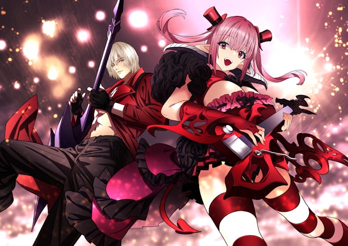 nobita (makoto7060355), astaroth (the seven deadly sins), dante (devil may cry), devil may cry, devil may cry (series), devil may cry 3, the seven deadly sins, commission, skeb commission, black flower, black rose, demon girl, demon horns, demon tail, fingerless gloves, flower, gloves, guitar, hat, horizontal-striped thighhighs, horns, instrument, jacket, mini hat, mini top hat, nevan (weapon), pink hair, pointy ears, red eyes, red jacket, red skirt, rose, scene reference, skirt, species connection, tail, top hat, weapon connection, white hair