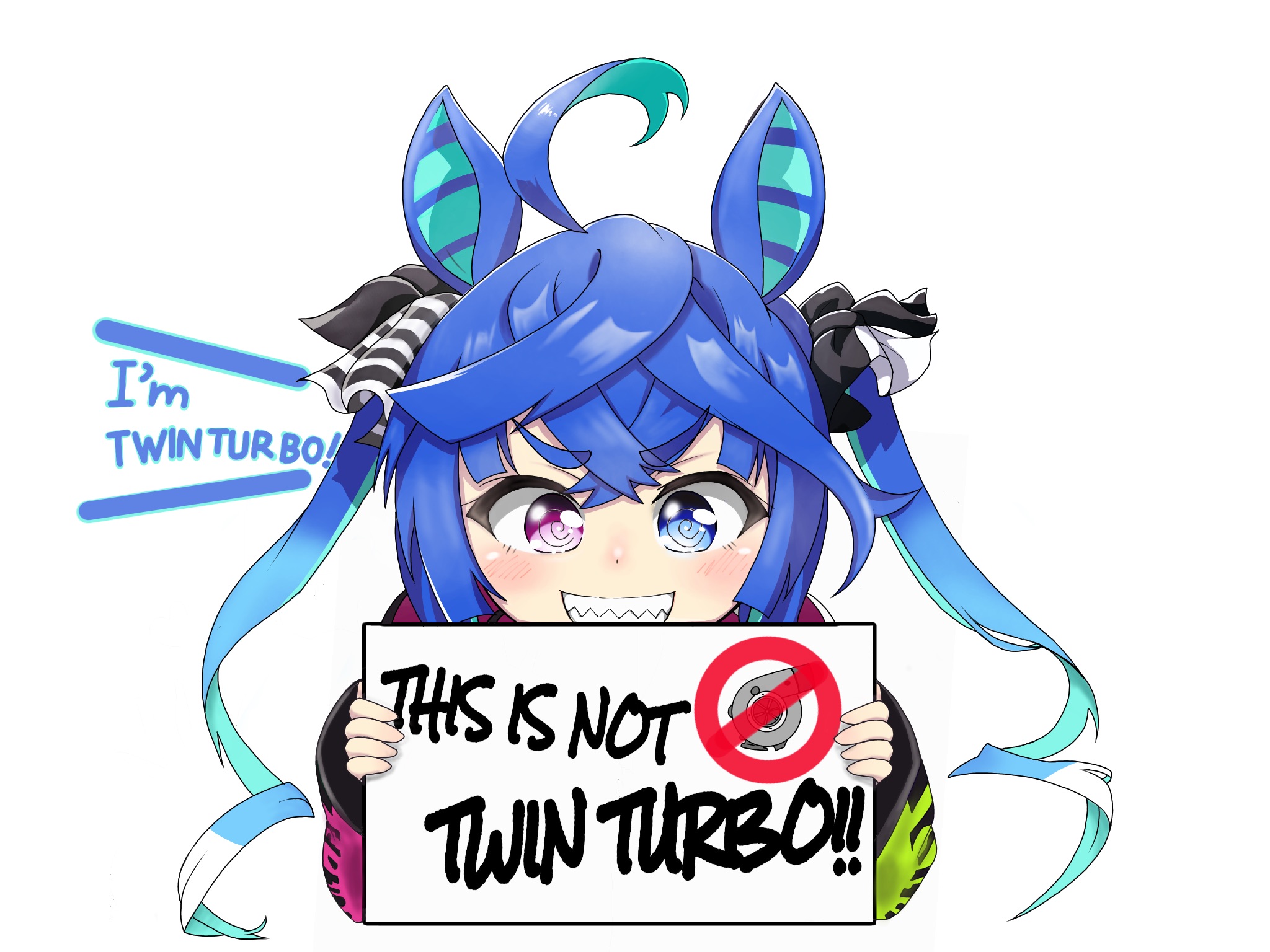 tomimon, twin turbo (umamusume), umamusume, commentary request, highres, 1girl, @ @, animal ears, blue eyes, blue hair, cropped torso, english text, grin, holding, horse ears, long hair, long sleeves, looking at viewer, multicolored hair, puffy long sleeves, puffy sleeves, purple eyes, sharp teeth, simple background, sleeves past wrists, smile, solo, teeth, twintails, two-tone hair, upper body, white background