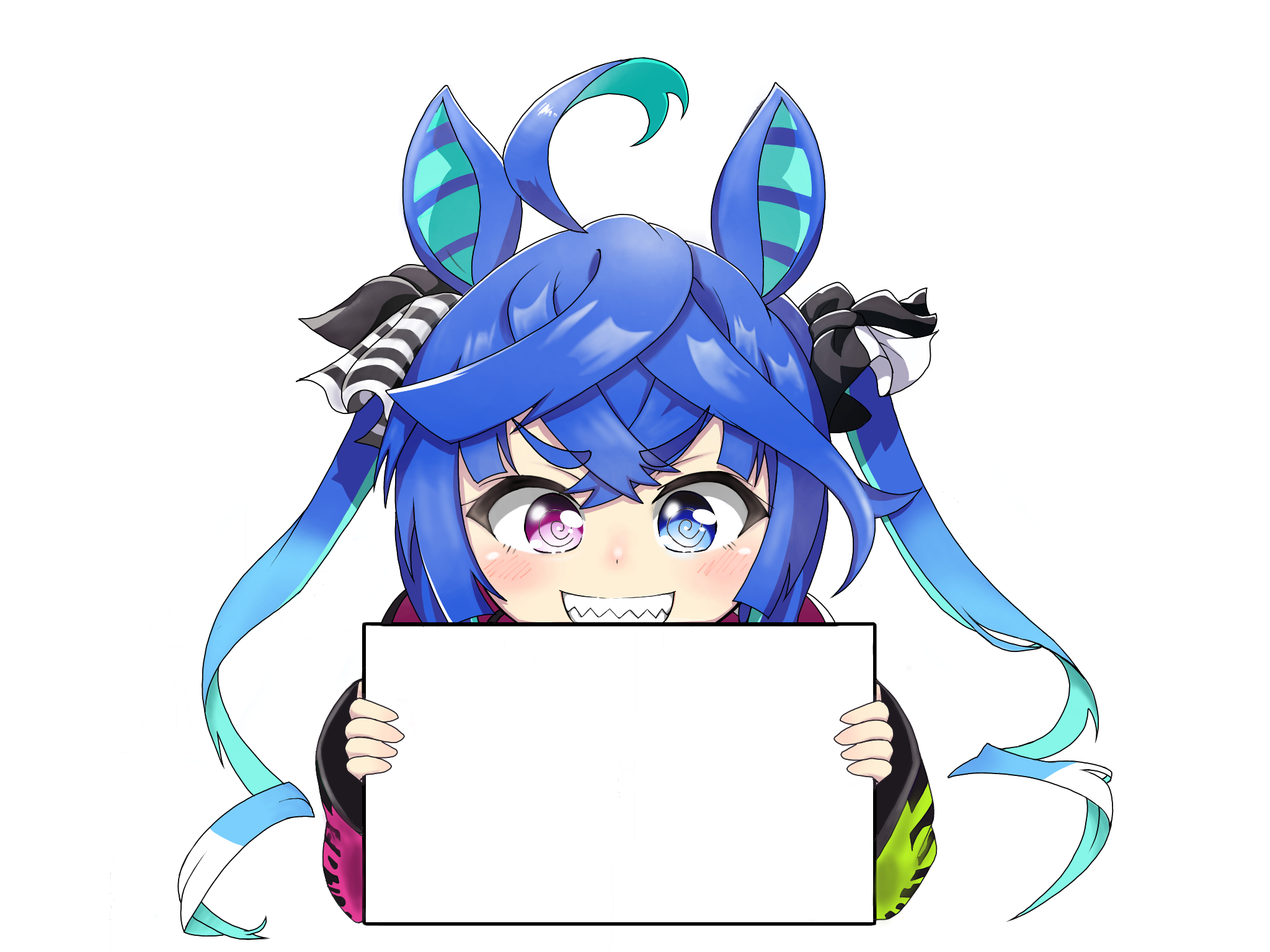 tomimon, twin turbo (umamusume), umamusume, highres, 1girl, @ @, animal ears, blue eyes, blue hair, cropped torso, grin, holding, horse ears, long hair, long sleeves, looking at viewer, multicolored hair, puffy long sleeves, puffy sleeves, purple eyes, sharp teeth, simple background, sleeves past wrists, smile, solo, teeth, template, twintails, two-tone hair, upper body, white background