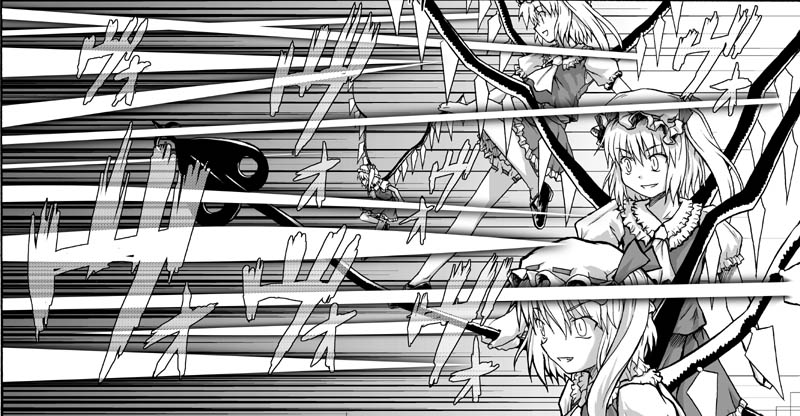 tsuyadashi shuuji, flandre scarlet, touhou, beam, 4girls, ascot, blush, clone, collar, danmaku, energy, female focus, flying, frills, from side, greyscale, hat, magic, mob cap, monochrome, multiple girls, one side up, profile, puffy short sleeves, puffy sleeves, short sleeves, side ponytail, upper body, wings