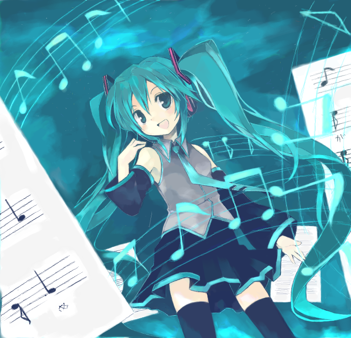 kagami mitsuki, hatsune miku, vocaloid, 1girl, aqua hair, beamed quavers, female focus, long hair, musical note, musical staff, open mouth, quaver, skirt, solo, thighhighs, twintails, very long hair