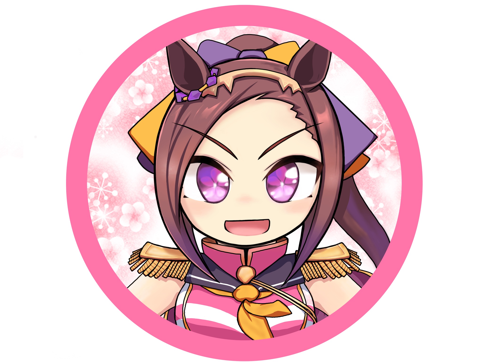 tomimon, sakura bakushin o (umamusume), umamusume, commentary request, highres, 1girl, :d, animal ears, bow, brown hair, chibi, dress, epaulettes, floral background, flower-shaped pupils, forehead, hair bow, horse ears, long hair, looking at viewer, open mouth, orange bow, pink dress, ponytail, purple bow, purple eyes, round image, sakura bakushin o (blossom in learning) (umamusume), sleeveless, sleeveless dress, smile, solo, swept bangs, symbol-shaped pupils, upper body, v-shaped eyebrows