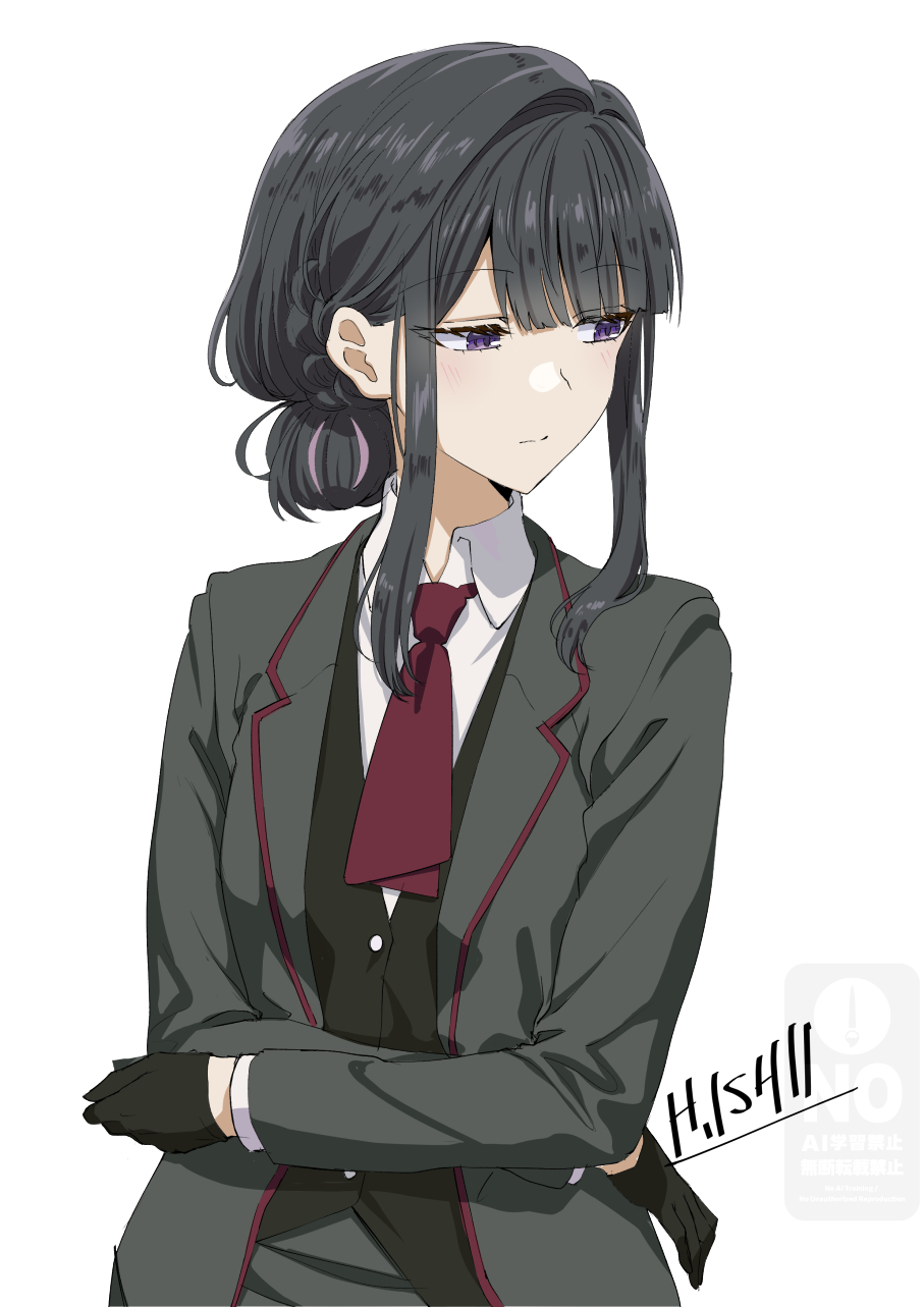 ishii hisao, hanatori hitoe, watashi ga koibito ni nareru wake naijan murimuri!, commentary request, highres, 1girl, artist name, black gloves, black hair, black vest, braid, butler, collared shirt, crossdressing, crossdressing (ftm), crossed arms, expressionless, female butler, formal clothes, gloves, grey jacket, hair bun, hair intakes, half gloves, jacket, looking to the side, necktie, purple eyes, red necktie, shirt, sidelocks, signature, simple background, solo, suit, upper body, vest, watermark, white background, white shirt