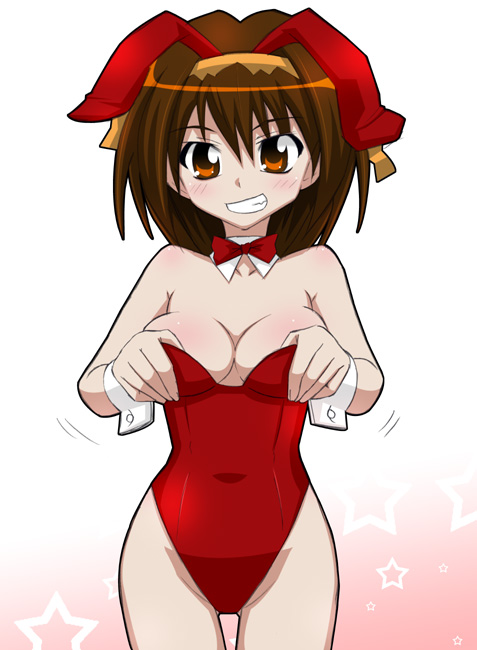 miyakodori takayuki, suzumiya haruhi, suzumiya haruhi no yuuutsu, 00s, 1girl, animal ears, bare legs, bare shoulders, breasts, cleavage, fake animal ears, female focus, leotard, playboy bunny, rabbit ears, solo
