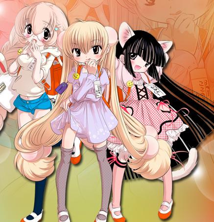 watashiya kaworu, kagami kuro, kokonoe rin, usa mimi, kodomo no jikan, lowres, official art, 00s, 3girls, animal ears, backpack, bag, breasts, child, fake animal ears, fake tail, full body, hair bobbles, hair ornament, multiple girls, name tag, pinup (style), randoseru, red bag, shoes, tail, thighhighs, uwabaki