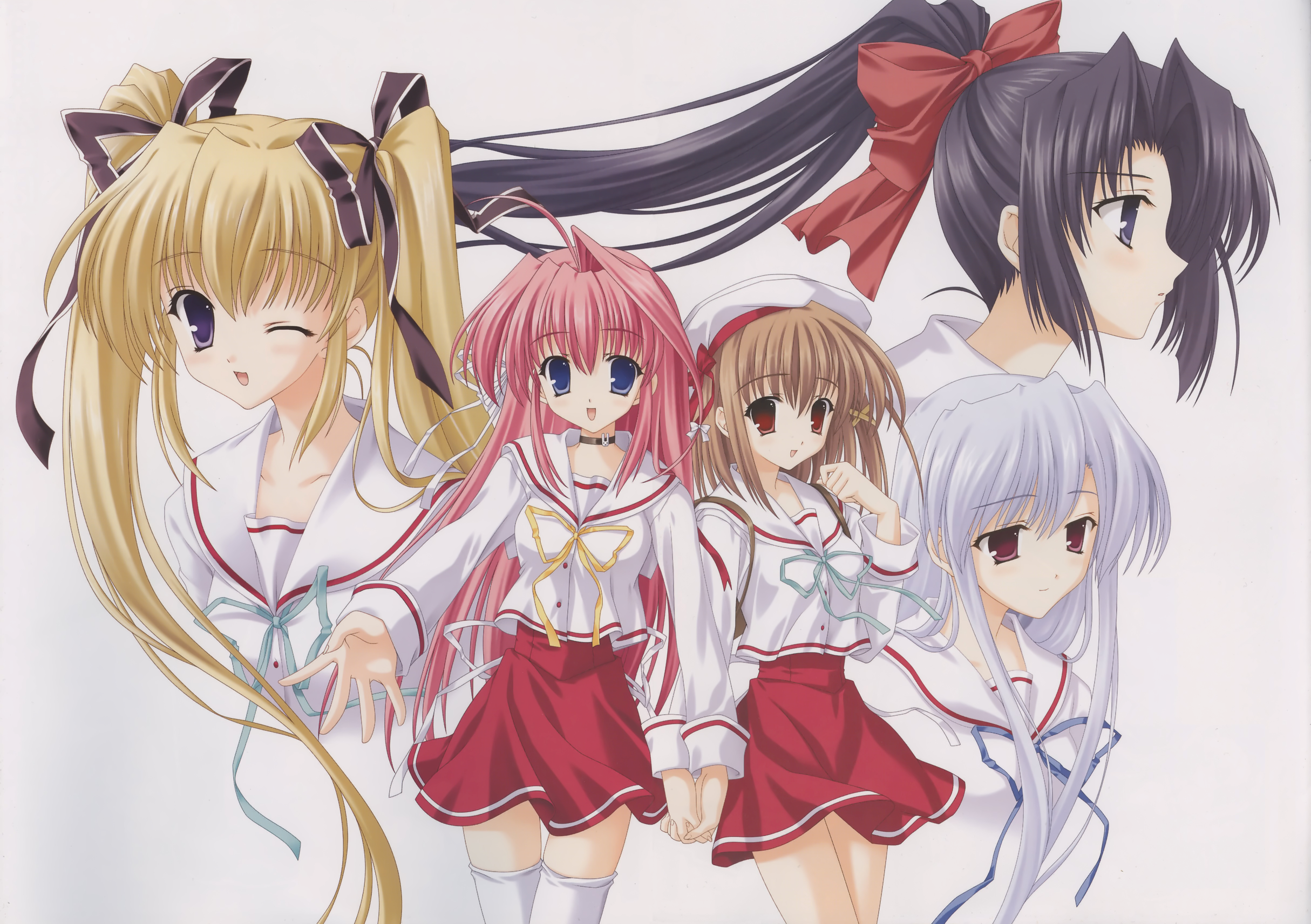 fujimiya chisa, fukamine riko, hokazono rinka, kamishiro yukari, kamishiro yukari (gift), konosaka kirino, gift (game), gift eternal rainbow, silver hair, white legwear, highres, 00s, 5girls, :d, ;d, ahoge, beret, black eyes, black hair, blonde hair, blue eyes, blush, bow, brown eyes, brown hair, choker, collarbone, hair bow, hair ribbon, hat, holding hands, interlocked fingers, long hair, long sleeves, looking at viewer, multiple girls, one eye closed, open mouth, pink hair, ponytail, portrait, profile, purple eyes, ribbon, school uniform, serafuku, shirt, skirt, smile, thighhighs, twintails, upper body, very long hair, wink