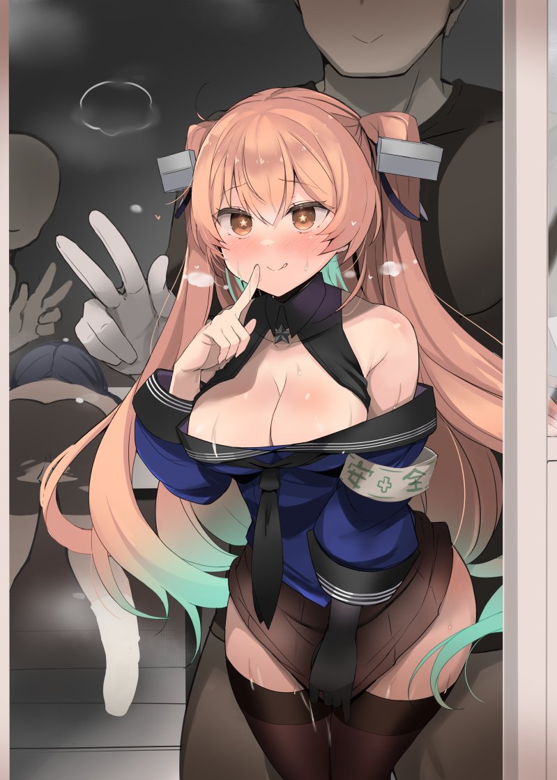 shin (new), johnston (kancolle), kantai collection, 2boys, 2girls, :q, all fours, armband, ass, black gloves, black neckerchief, black sailor collar, black shirt, black shorts, black skirt, blush, breasts, brown eyes, cleavage, doorway, faceless, faceless male, finger to mouth, gloves, green hair, hair ribbon, index finger raised, large breasts, long hair, multicolored hair, multiple boys, multiple girls, neckerchief, ribbon, sailor collar, school uniform, serafuku, shirt, shorts, single glove, skirt, skirt tug, star-shaped pupils, star (symbol), symbol-shaped pupils, thighhighs, tongue, tongue out, torn clothes, torn shorts, two side up, v, white gloves