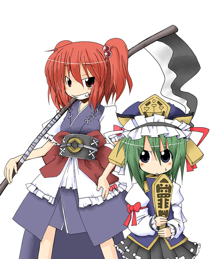 mogito, onozuka komachi, shiki eiki, touhou, 2girls, :<, black eyes, blush, bow, brown eyes, fang, female focus, green hair, grin, hair bobbles, hair ornament, hat, japanese clothes, multiple girls, red hair, rod of remorse, scythe, short hair, short twintails, skirt, smile, sweat, twintails, two side up