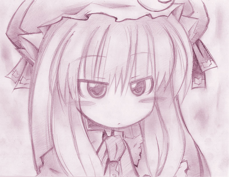 mogito, patchouli knowledge, touhou, 1girl, blush stickers, crescent, female focus, hat, long hair, monochrome, no nose, portrait, purple theme, sketch, solo, tsurime