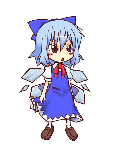 mogito, cirno, embodiment of scarlet devil, touhou, 1girl, arms at sides, bow, brown shoes, chibi, female focus, full body, shoes, simple background, socks, solo, standing, triangle mouth, white background