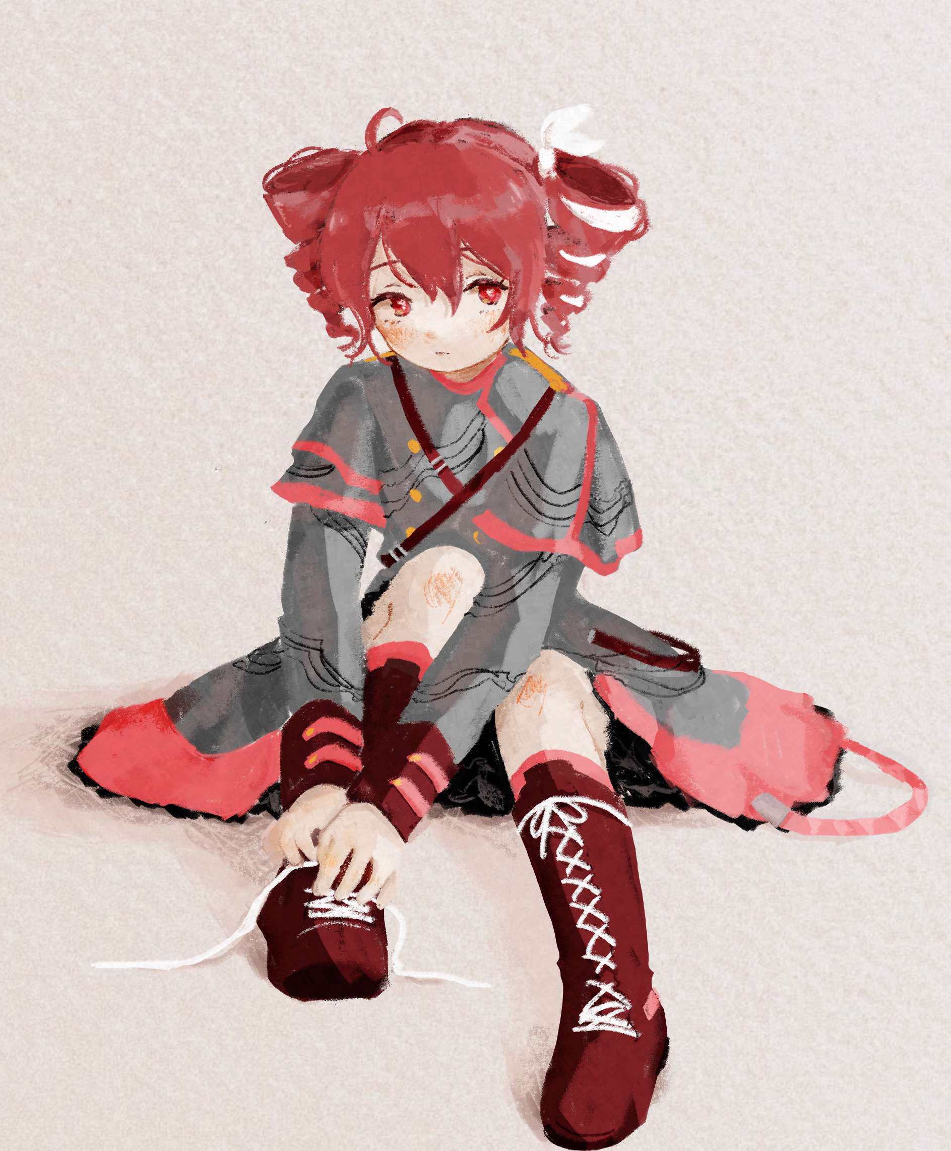sabaku (saba9), kasane teto, utau, highres, painting (medium), traditional media, watercolor (medium), 1girl, blush, boots, closed mouth, drill hair, grey jacket, grey skirt, hair between eyes, jacket, looking at viewer, red boots, short hair, sidelocks, skirt, solo, twin drills, tying footwear