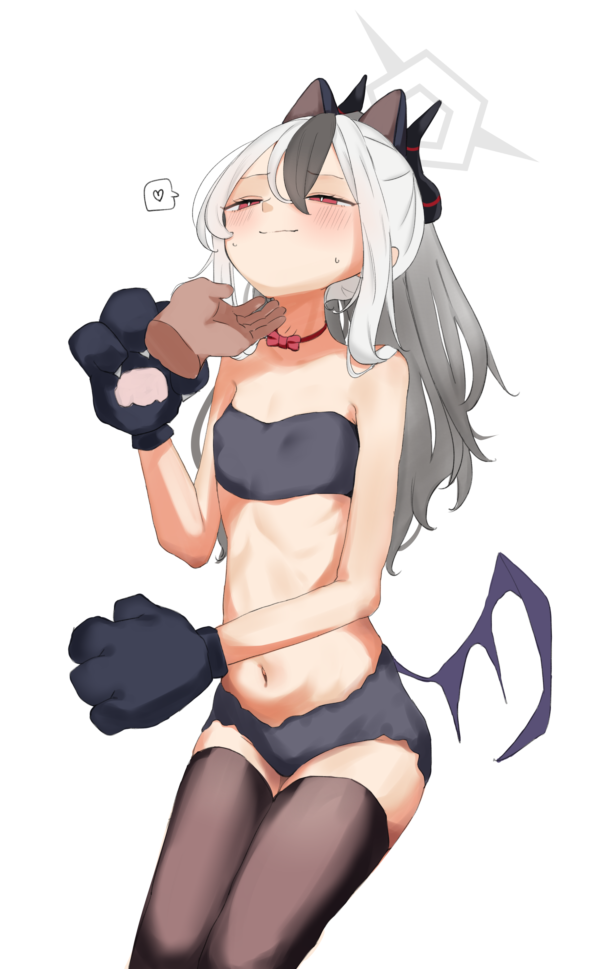 showtime775, kayoko (blue archive), blue archive, absurdres, highres, 1girl, 1other, animal hands, black hair, blush, breasts, demon girl, demon horns, demon wings, horns, multicolored hair, navel, red eyes, simple background, small breasts, two-tone hair, white background, white hair, wings