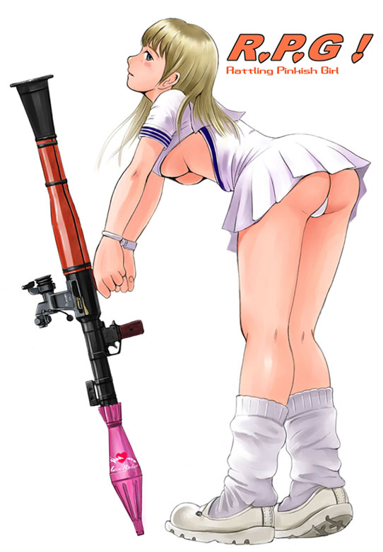 mimura kaoru, original, 1girl, ass, bent over, blonde hair, breasts, cute weapon, female focus, gun, high-explosive anti-tank (warhead), large breasts, legs, man-portable anti-tank systems, rocket-propelled grenade, rocket (projectile), rocket launcher, rpg, rpg-7, rpg (weapon), school uniform, serafuku, skirt, solo, underboob, weapon
