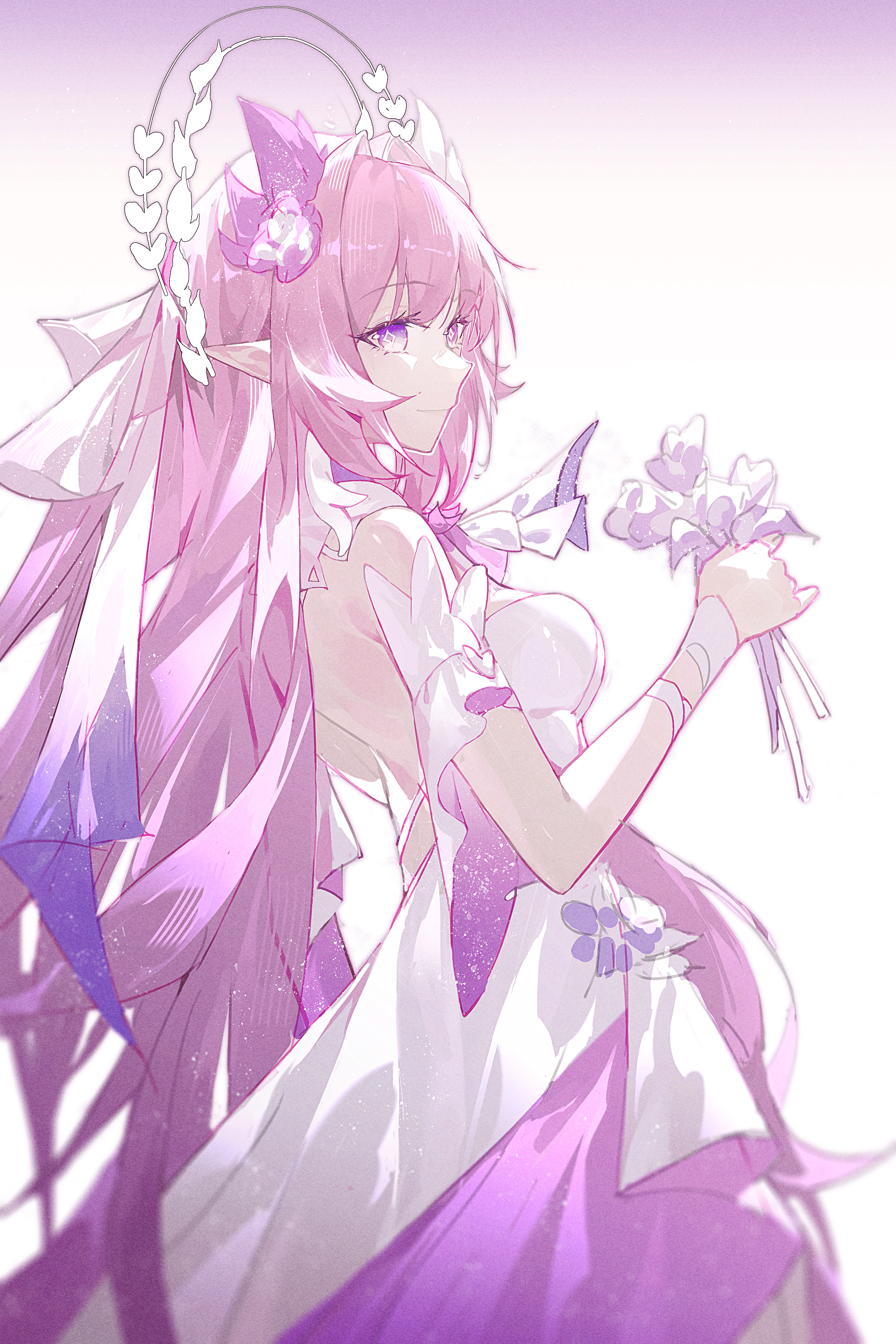 dodder7777, cyrene (honkai: star rail), honkai: star rail, honkai (series), absurdres, commentary request, highres, 1girl, bare shoulders, breasts, bridal veil, cyrene (ripples of past reverie) (honkai: star rail), diamond-shaped pupils, diamond (shape), flower, from side, halo, holding, holding flower, long hair, medium breasts, pink hair, pointy ears, purple background, purple eyes, smile, solo, symbol-shaped pupils, veil, very long hair