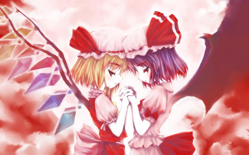 yu-ki, yuuki (snowhouse), flandre scarlet, remilia scarlet, touhou, 2girls, female focus, gradient background, hat, mob cap, multiple girls, siblings, sisters, wings