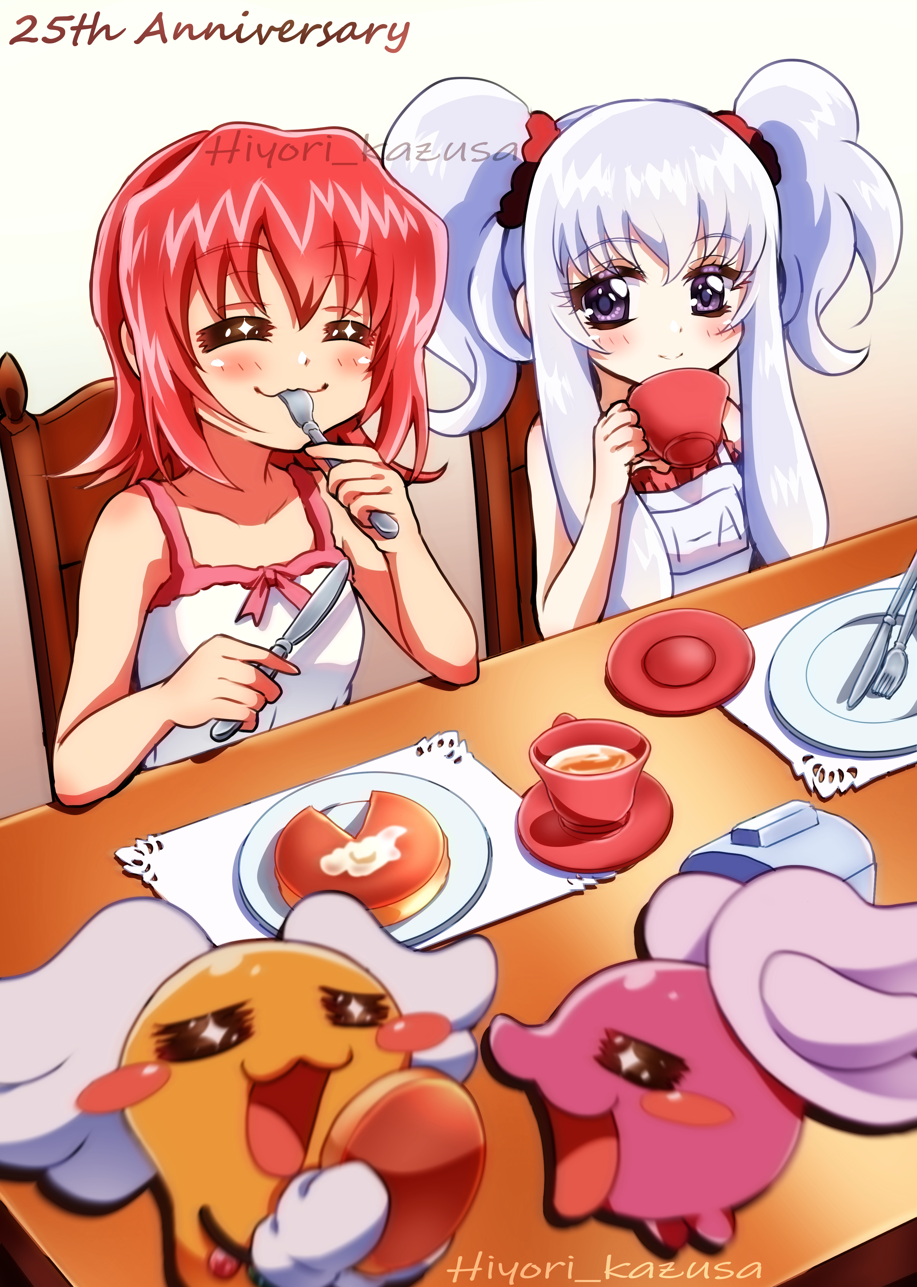 kazusa hiyori, densuke (akihabara dennou gumi), hanakoganei hibari, ootorii tsubame, petit ange, akihabara dennou gumi, absurdres, highres, 2girls, butter, cup, food, fork, holding, holding fork, long hair, low-tied sidelocks, multiple girls, pancake, patapi (creature), plate, purple eyes, red hair, short hair, sidelocks, smile, tank top, twintails, white hair