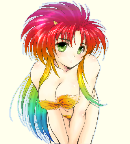 yagisaka seto, original, urusei yatsura, lowres, 1girl, animal print, breasts, cleavage, female focus, green eyes, horns, large breasts, leaning forward, multicolored hair, oekaki, rainbow hair, solo, tiger print