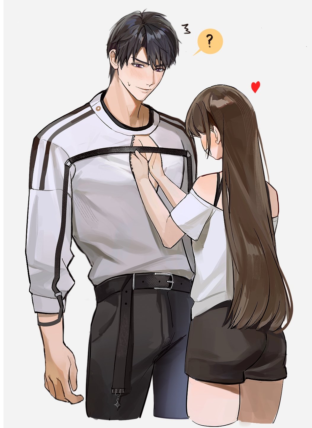 qi xia, caleb (love and deepspace), protagonist (love and deepspace), love and deepspace, highres, 1boy, 1girl, ?, belt, black belt, black hair, black pants, black shorts, blush, closed mouth, couple, cowboy shot, cropped legs, grabbing another's pectorals, heart, hetero, long hair, pants, pectoral cleavage, pectoral grab, pectorals, purple eyes, shirt, short hair, shorts, simple background, smile, spaghetti strap, spoken question mark, straight hair, sweatdrop, very short hair, white background, white shirt