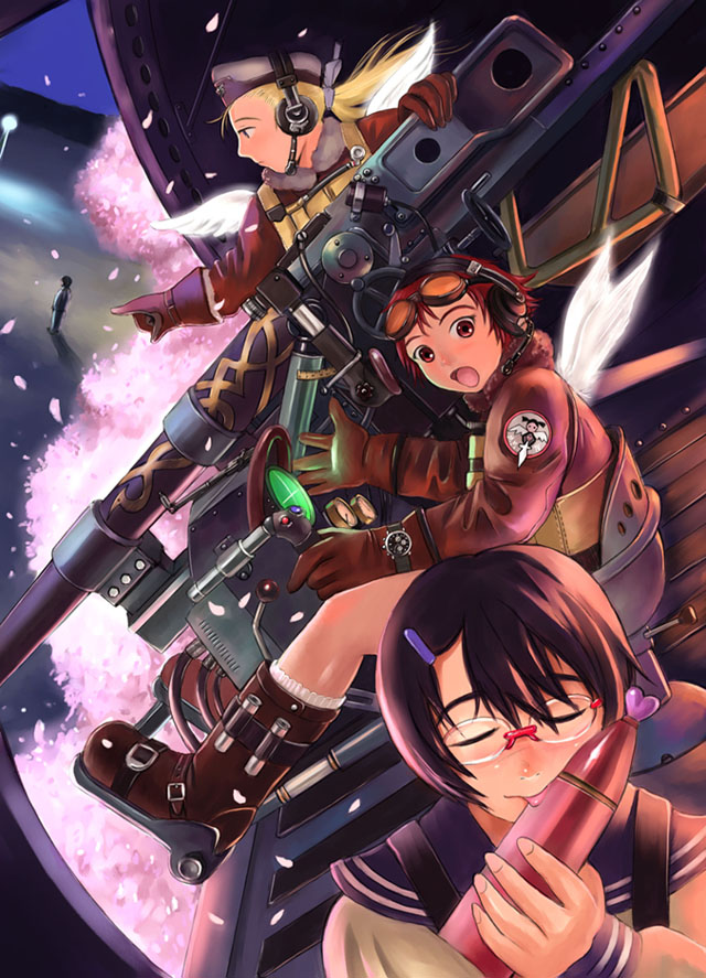 mimura kaoru, army, blonde hair, brown hair, cannon, glasses, goggles, ponytail, red hair, school uniform, serafuku, wings