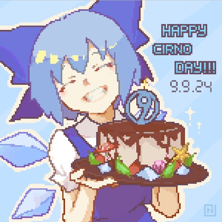 cirno, touhou, !, !!, 2024, artist logo, birthday cake, blue background, blue dress, blue hair, blue ribbon, blush, cake, cirno day, closed eyes, closed mouth, dress, english text, eyebrows hidden by hair, fairy, fairy wings, food, hair ribbon, happy, holding, holding food, logo, neon square, pixel art, ribbon, smile, teeth, wings