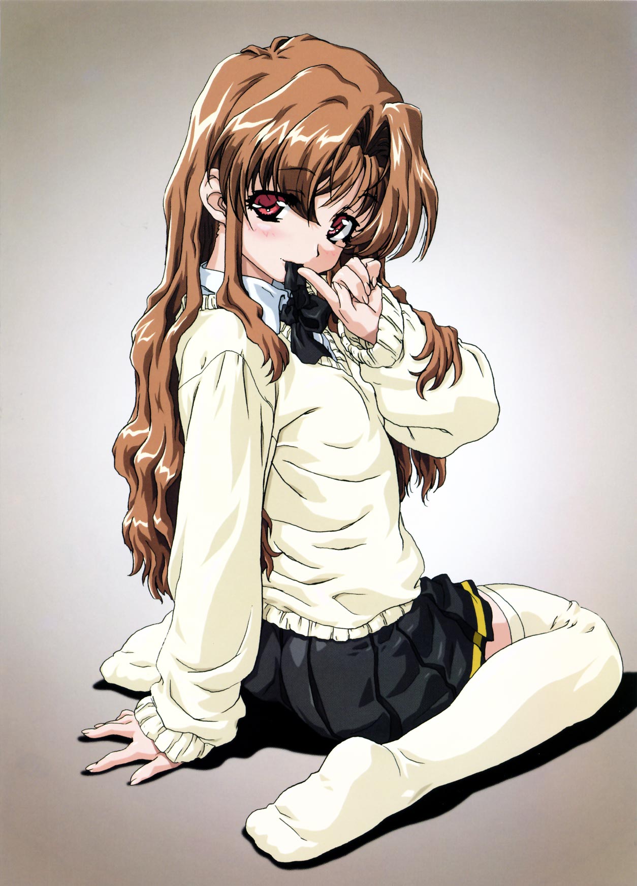 uon taraku, morino ichigo, onegai teacher, white legwear, highres, official art, scan, arm support, blush, bow, brown hair, feet, finger to mouth, flat chest, from behind, long hair, looking back, mouth hold, naughty face, pink eyes, pleated skirt, pointing, ribbon, school uniform, shadow, sitting, skirt, socks, solo, sweater, thighhighs, wavy hair, zettai ryouiki