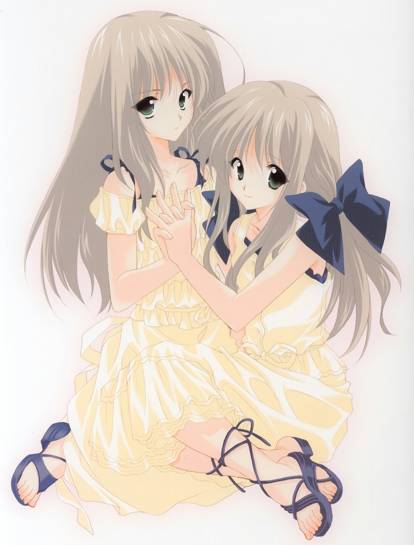 mario kaneda, shirogane sara, shirogane soujo, shirogane souju, futakoi, futakoi alternative, 00s, 2girls, hair ribbon, multiple girls, ribbon, sandals, siblings, sisters, twins